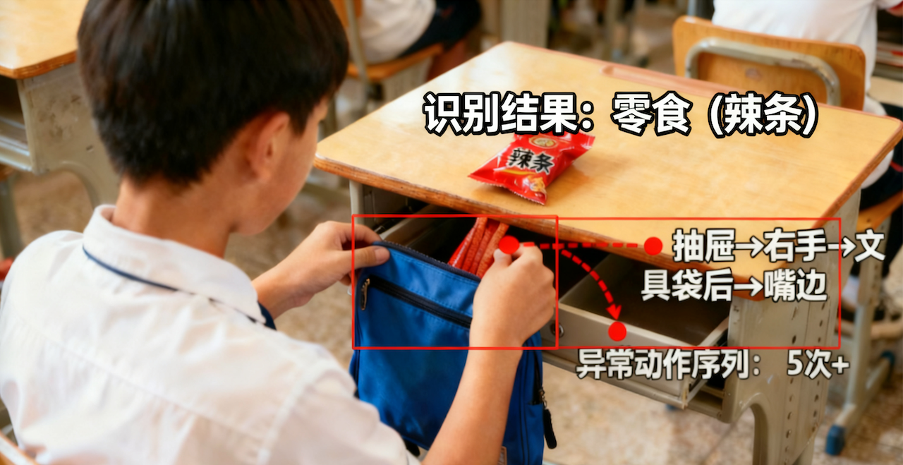 智慧校园课堂吃东西监测：根治隐蔽进食与卫生纪律失控的教育管理痛点